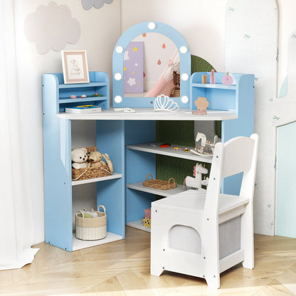 Vanity Table and Chair Set with 3 Storage Shelves and 5 Open Compartments-Blue & White