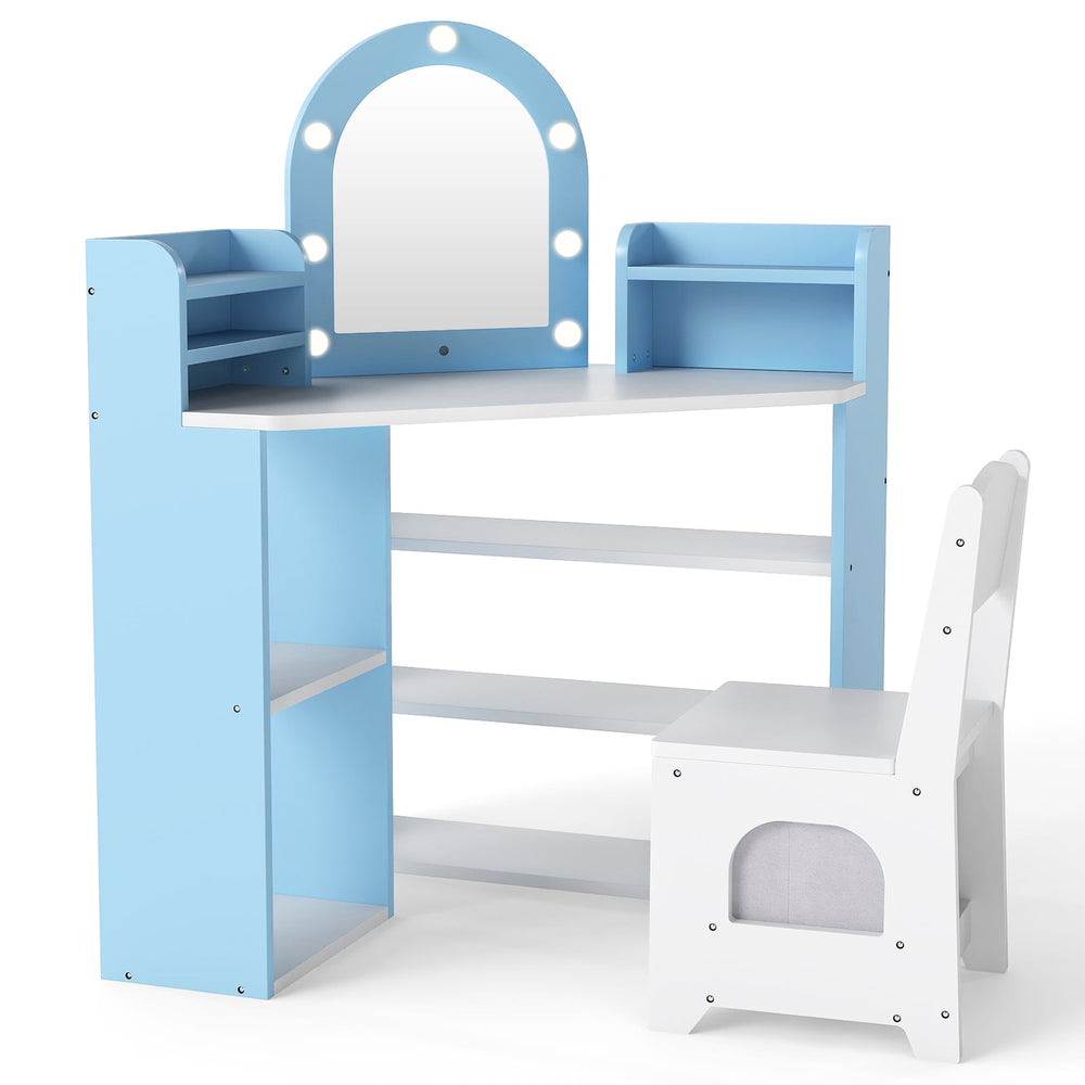 Vanity Table and Chair Set with 3 Storage Shelves and 5 Open Compartments-Blue & White