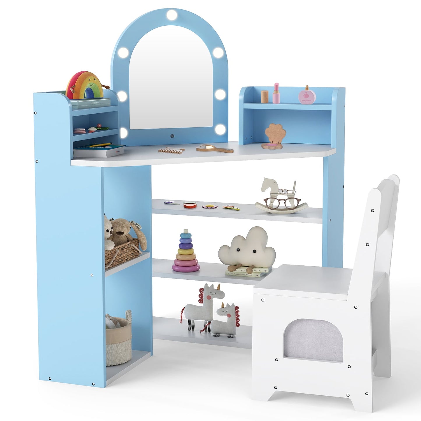 Vanity Table and Chair Set with 3 Storage Shelves and 5 Open Compartments-Blue & White