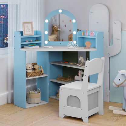 Vanity Table and Chair Set with 3 Storage Shelves and 5 Open Compartments-Blue & White