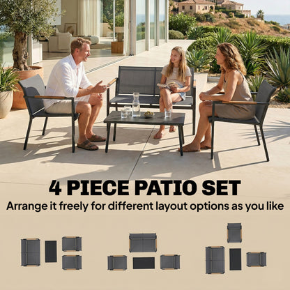 Outsunny 4 Seater Garden Furniture Set with Loveseat, Armchairs, Table, Metal Garden Sofa Set with Breathable Seats, Grey