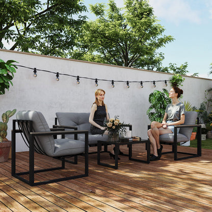 Outsunny Garden Furniture Set, 4 Piece Indoor Outdoor Conservatory with Loveseat Sofa, Armchairs, Glass Top Coffee Table, Cushions for Balcony, Poolside, Patio, Dark Grey