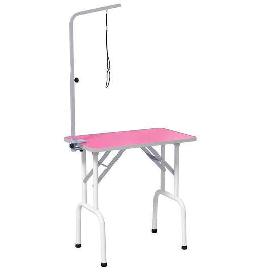 PawHut 32" Foldable Dog Grooming Table Pet Drying Beauty Table Adjustable Fixed Arm Rubber Top, Pink