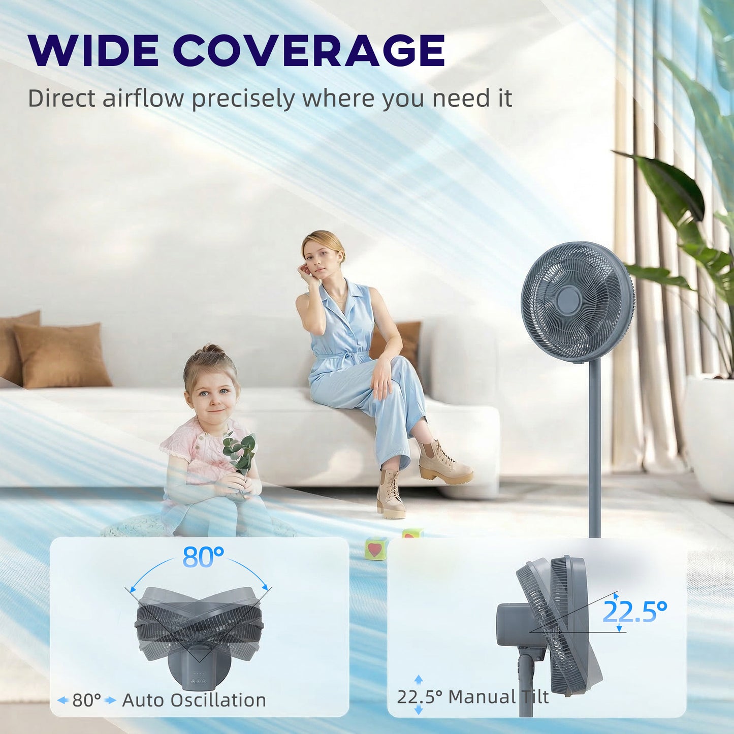 HOMCOM 40 cm Standing Fan, Cooling Floor Fan with 80° Oscillating, Adjustable Tilt and Height, 4 Speed, Remote Control, Grey