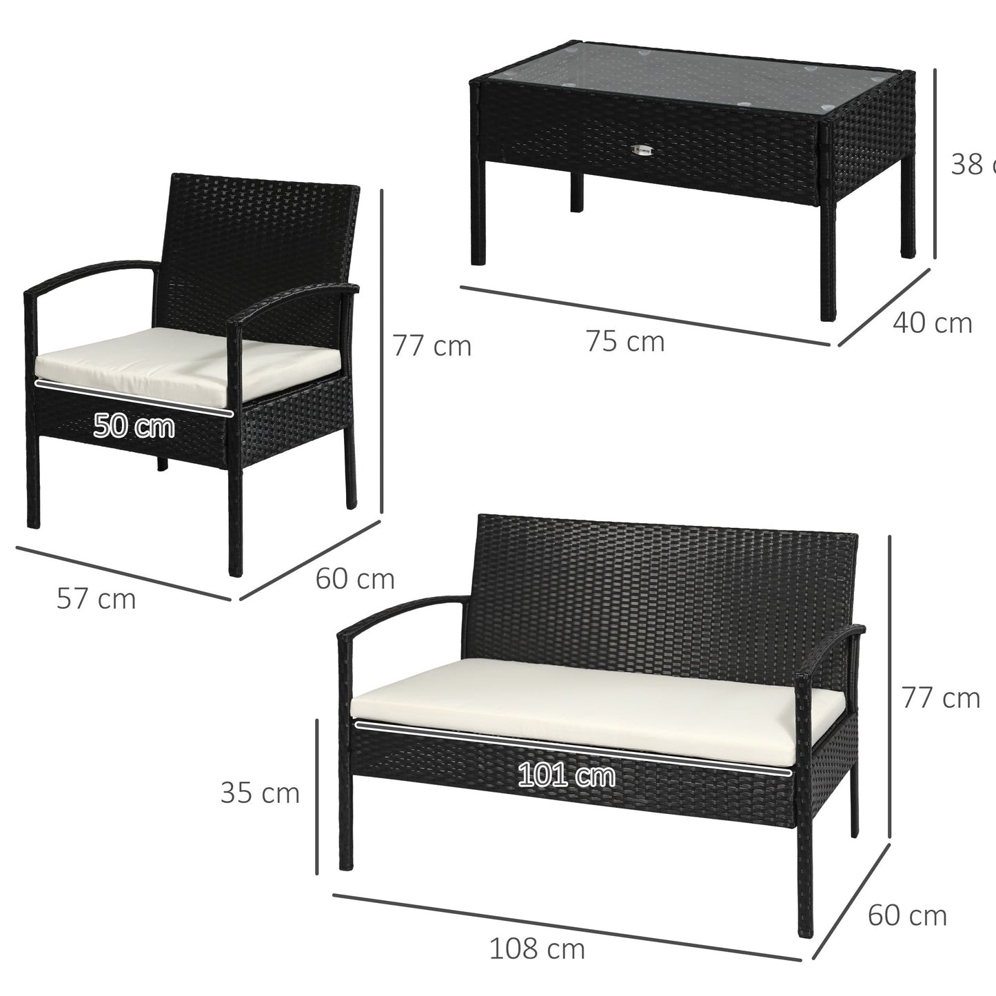 Outsunny 4 Pieces Rattan Garden Furniture Set, 4 Seater Garden Sofa Set with Loveseat, Armchairs and Glass Top Table, Wicker Conservatory Furniture with Cushions for Patio, Balcony, Black