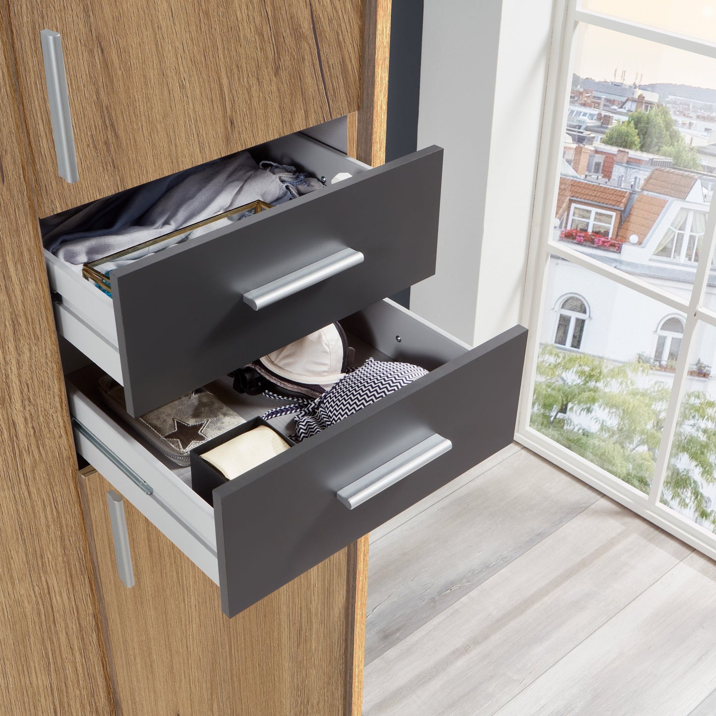 FENTON 5 Door Mirrored Wardrobe Finish Graphite 225cm