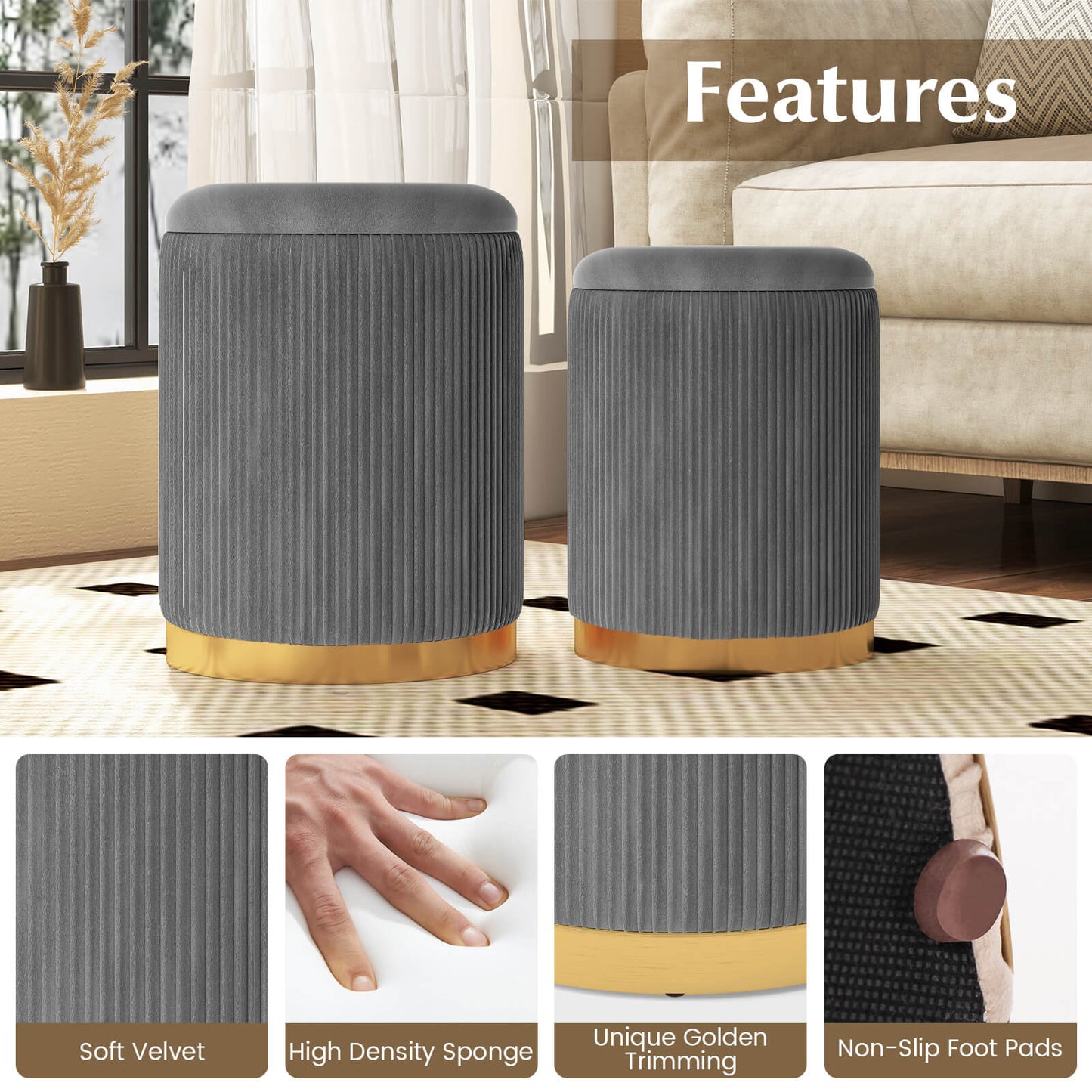 Velvet Storage Ottoman Set of 2 with Gold Stainless Steel Hoop-Grey