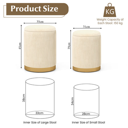 Velvet Storage Ottoman Set of 2 with Gold Stainless Steel Hoop-Beige