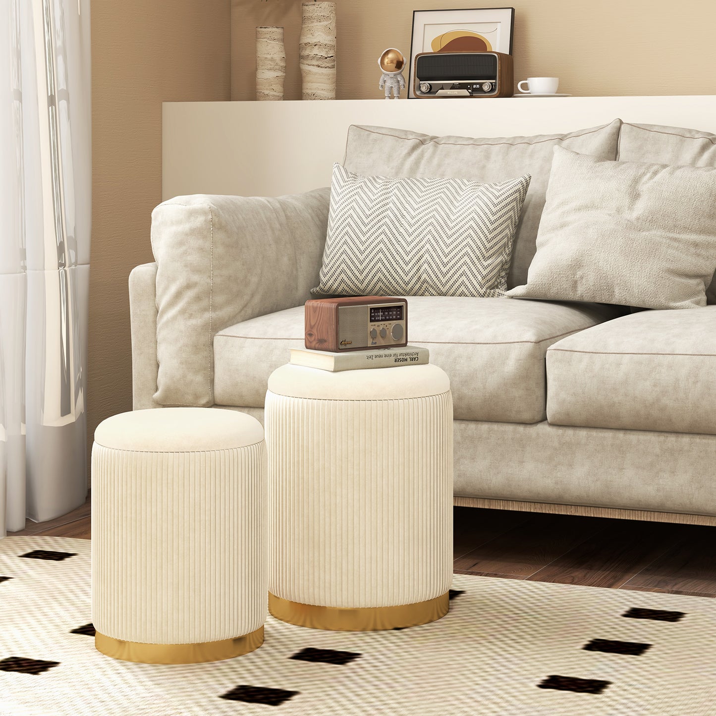 Velvet Storage Ottoman Set of 2 with Gold Stainless Steel Hoop-Beige
