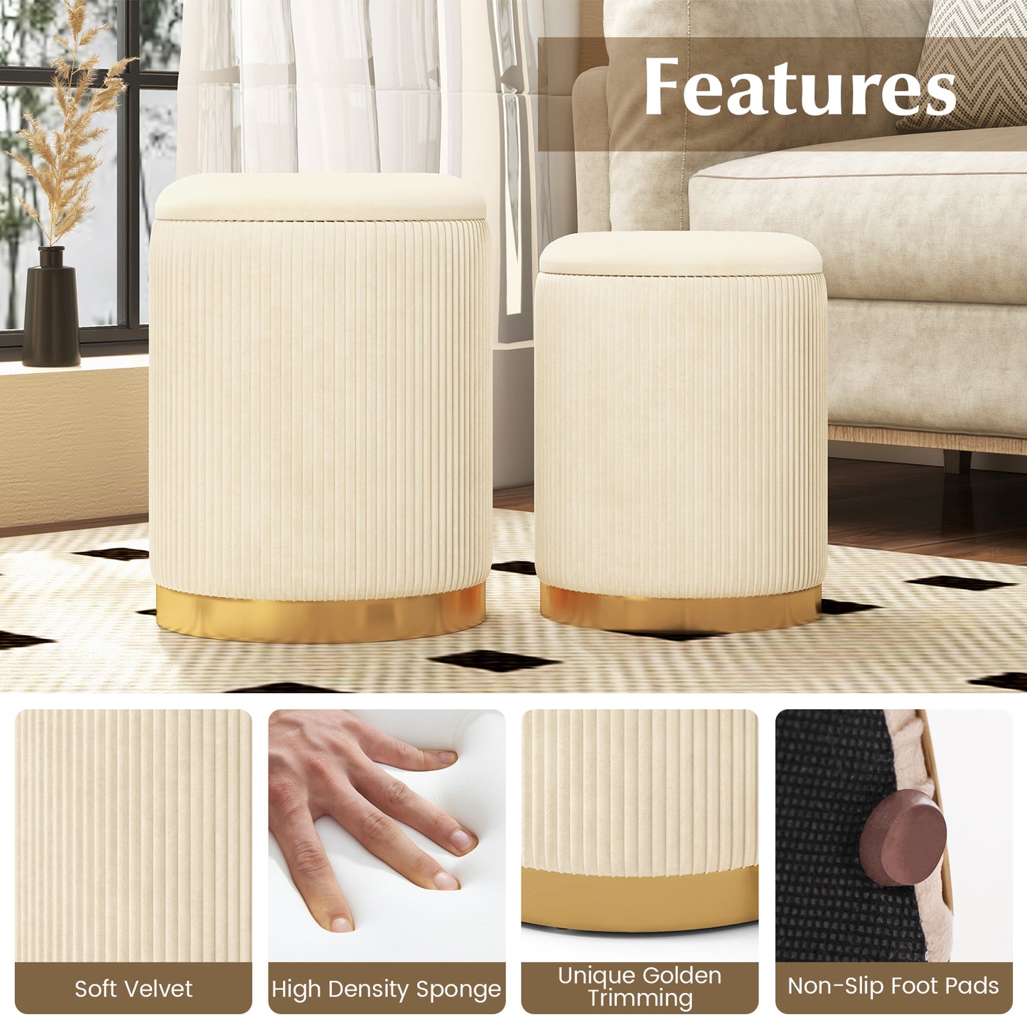 Velvet Storage Ottoman Set of 2 with Gold Stainless Steel Hoop-Beige
