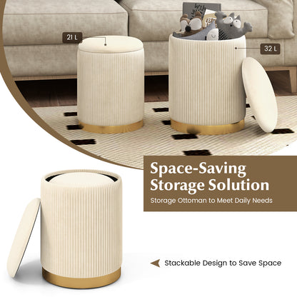Velvet Storage Ottoman Set of 2 with Gold Stainless Steel Hoop-Beige