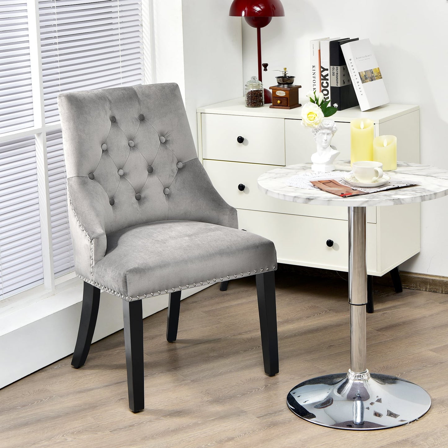 Modern Button-Tufted Velvet Studded Dining Chair with Nail head Trim-Grey