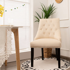 Modern Button-Tufted Velvet Studded Dining Chair with Nail head Trim-Beige