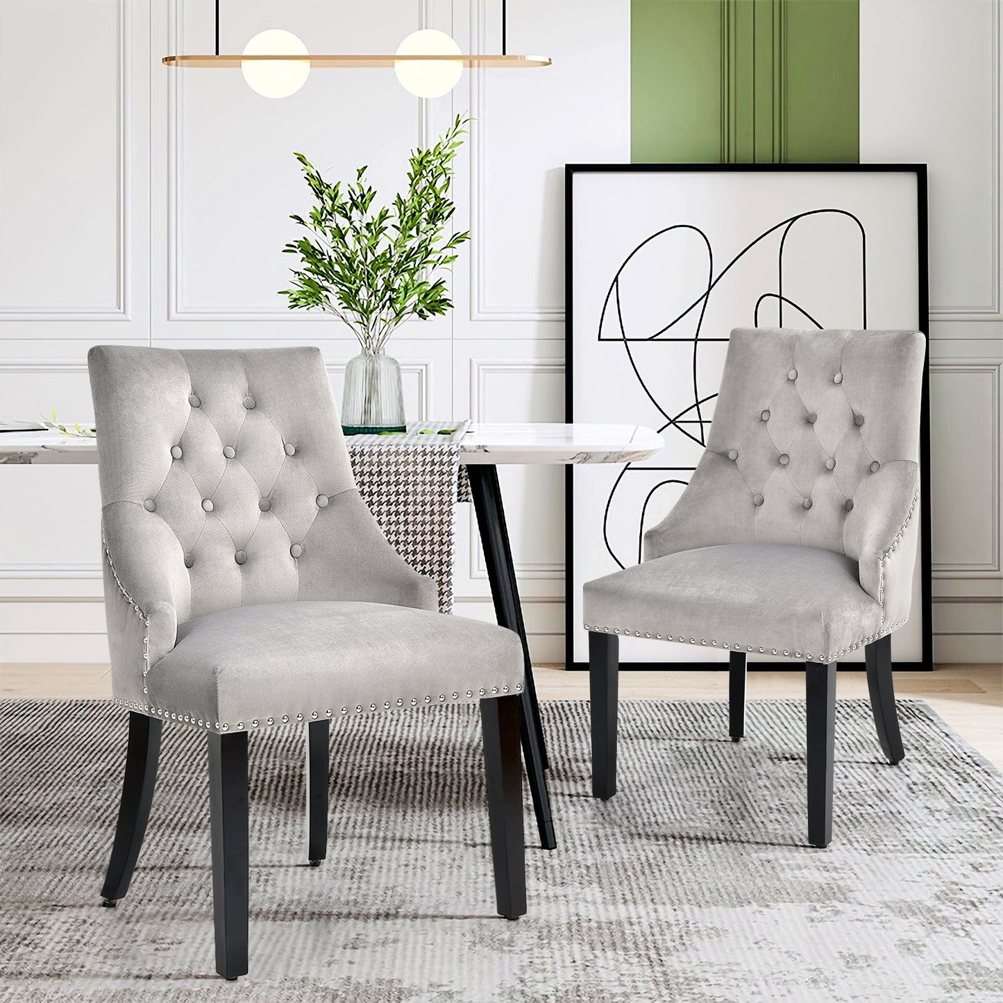 Modern Button-Tufted Velvet Studded Dining Chair with Nail head Trim-Grey