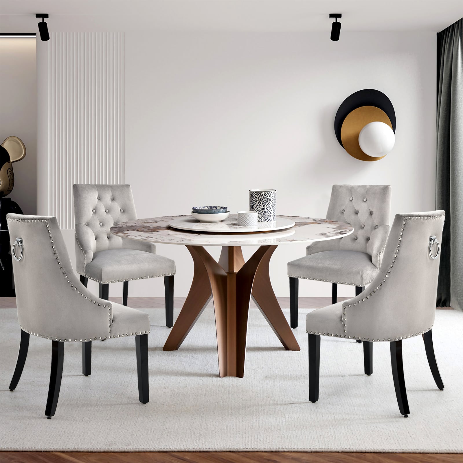 Modern Button-Tufted Velvet Studded Dining Chair with Nail head Trim-Grey