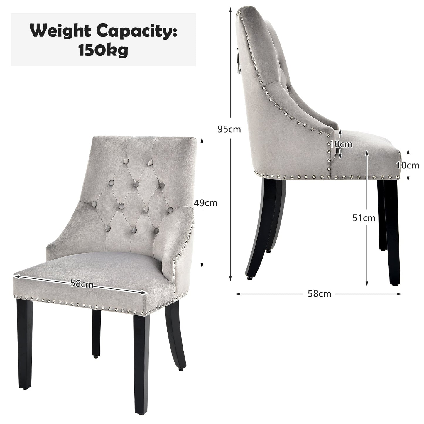 Modern Button-Tufted Velvet Studded Dining Chair with Nail head Trim-Grey