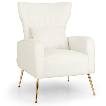 Velvet Upholstered Wingback Chair with Lumbar Pillow and Golden Metal Legs-White