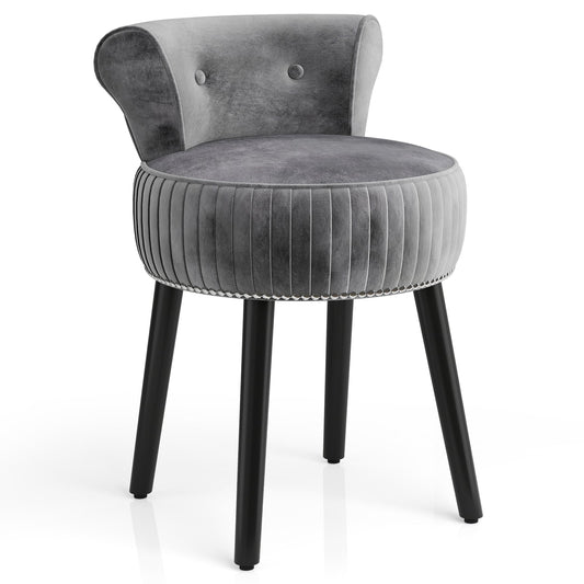 Velvet Vanity Chair with Tufted Low Back and Solid Wood Legs-Grey