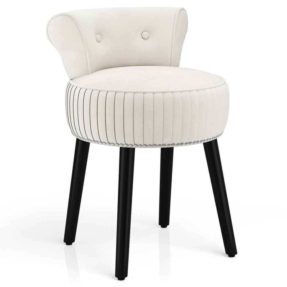 Velvet Vanity Chair with Tufted Low Back and Solid Wood Legs-White