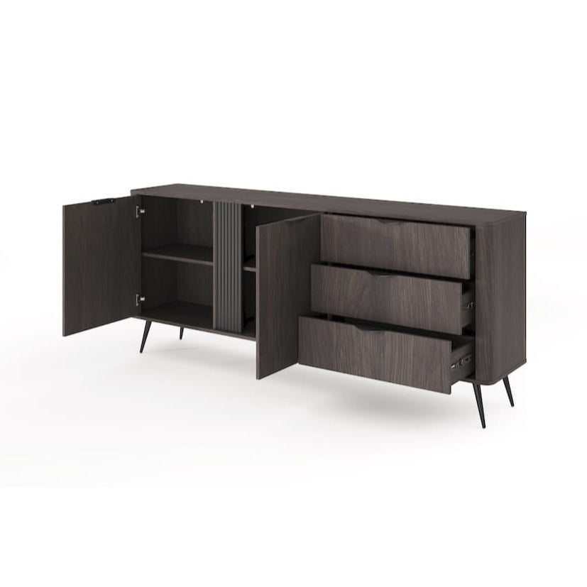 Dark brown sideboard with open doors and drawers on a white background