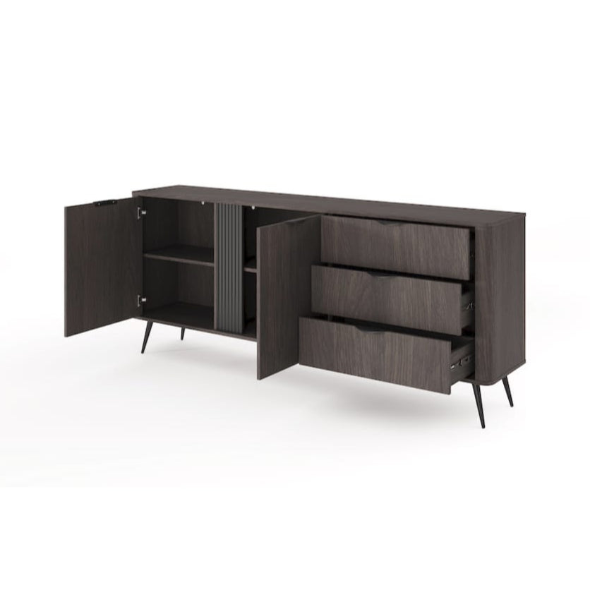 Dark brown sideboard with open doors and drawers on a white background