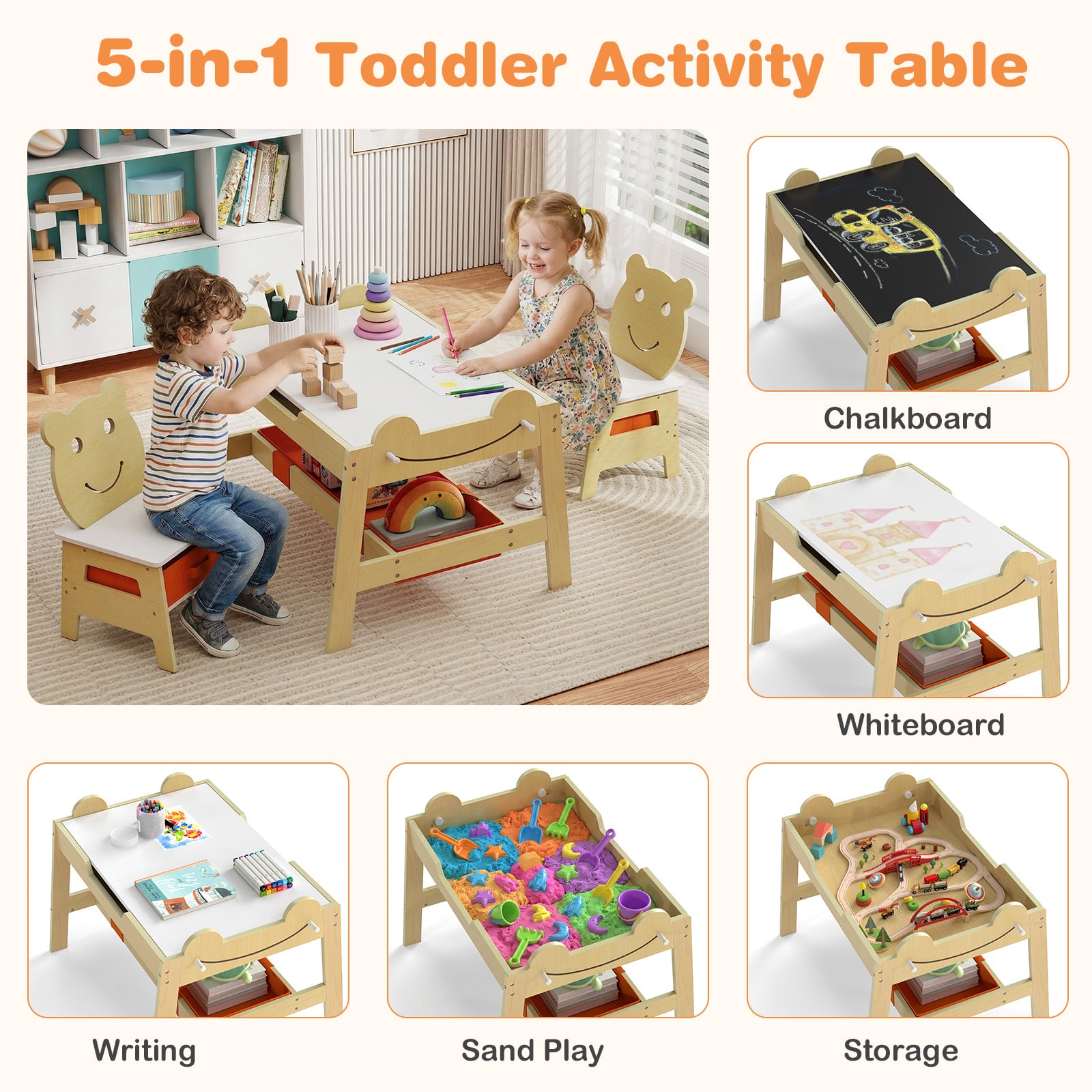 Versatile Kids Table and 2 Chairs Set Wooden Activity Table with Detachable Double-sized Tabletop for boys and girls-Natural