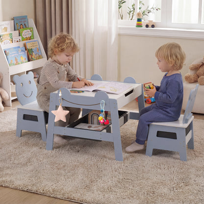 Versatile Kids Table and 2 Chairs Set Wooden Activity Table with Detachable Double-sized Tabletop for boys and girls-Grey
