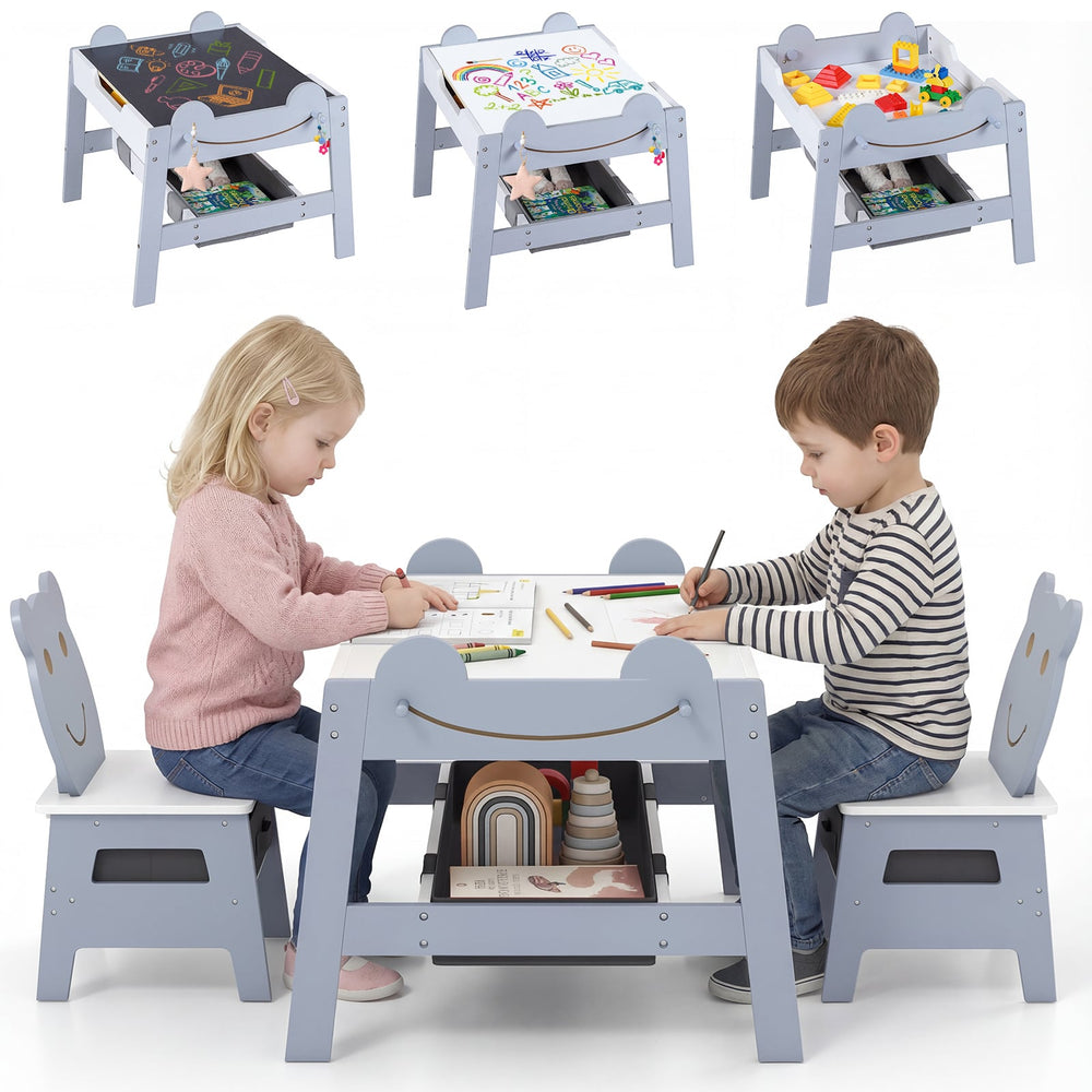 Versatile Kids Table and 2 Chairs Set Wooden Activity Table with Detachable Double-sized Tabletop for boys and girls-Grey
