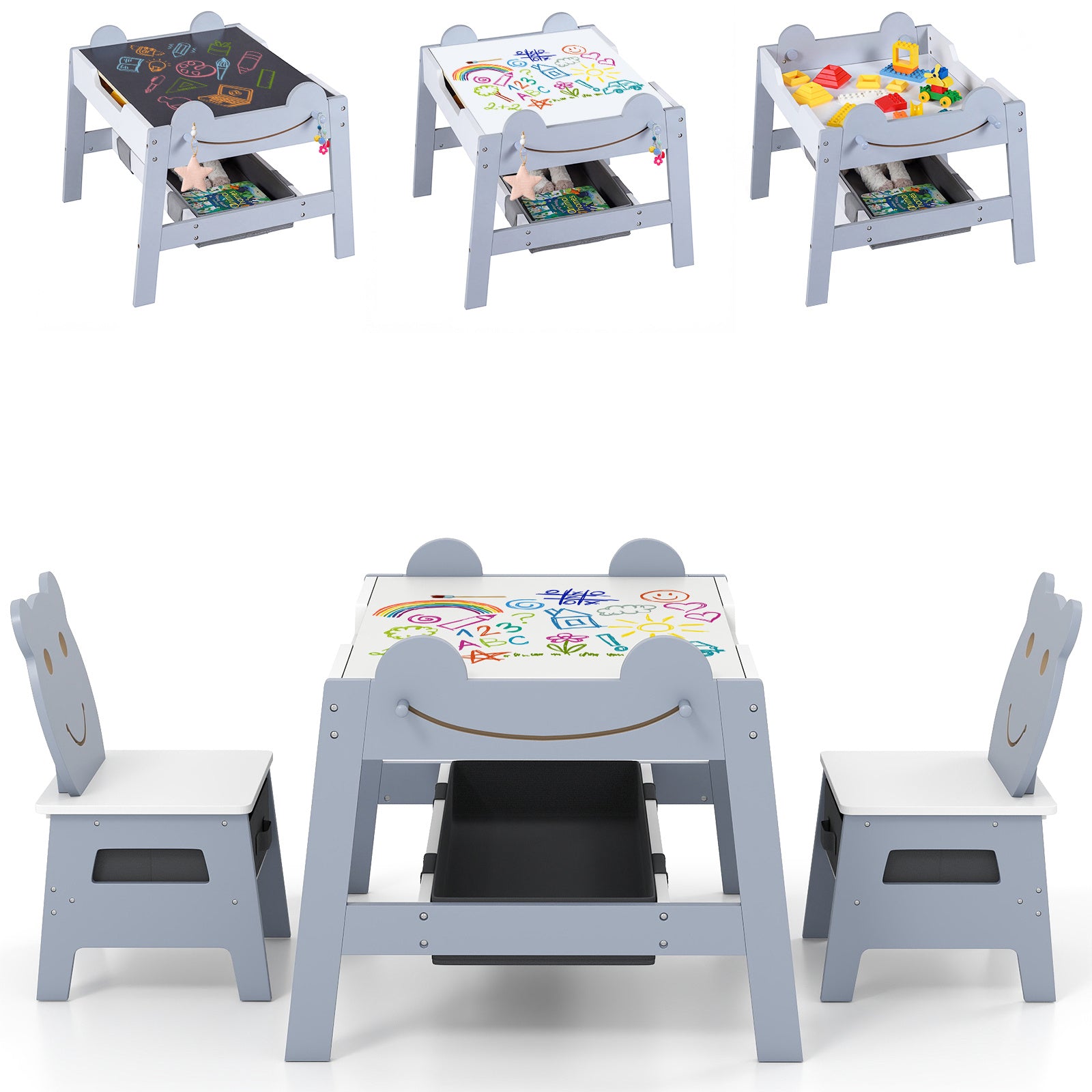 Versatile Kids Table and 2 Chairs Set Wooden Activity Table with Detachable Double-sized Tabletop for boys and girls-Grey