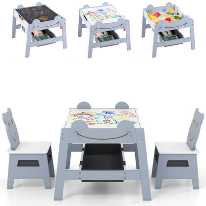 Versatile Kids Table and 2 Chairs Set Wooden Activity Table with Detachable Double-sized Tabletop for boys and girls-Grey