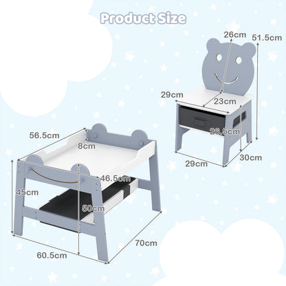Versatile Kids Table and 2 Chairs Set Wooden Activity Table with Detachable Double-sized Tabletop for boys and girls-Grey