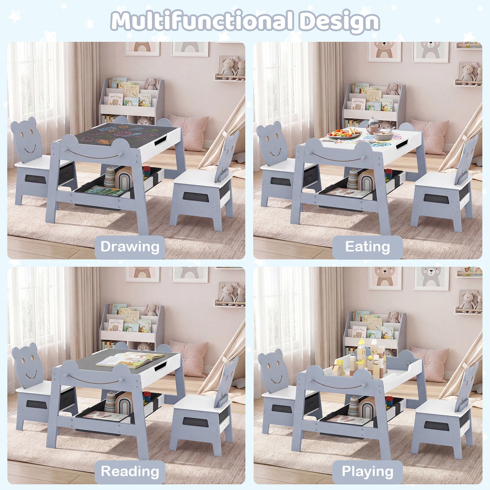 Versatile Kids Table and 2 Chairs Set Wooden Activity Table with Detachable Double-sized Tabletop for boys and girls-Grey