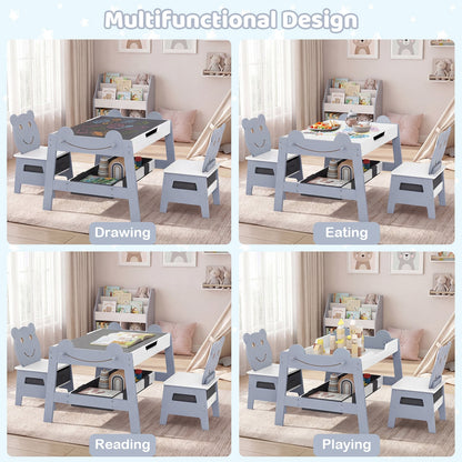 Versatile Kids Table and 2 Chairs Set Wooden Activity Table with Detachable Double-sized Tabletop for boys and girls-Grey