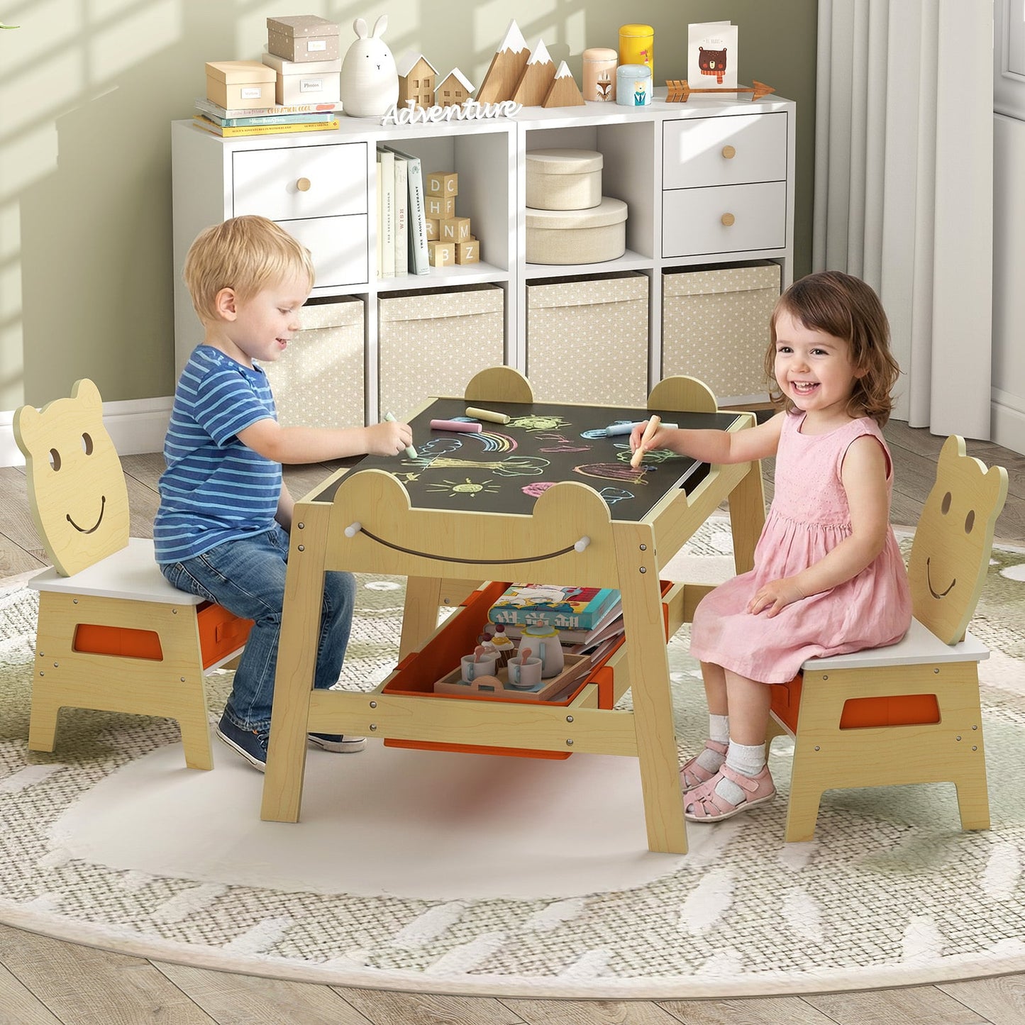 Versatile Kids Table and 2 Chairs Set Wooden Activity Table with Detachable Double-sized Tabletop for boys and girls-Natural