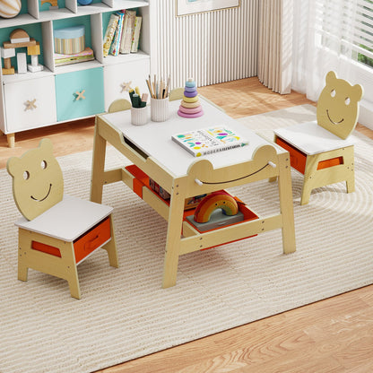 Versatile Kids Table and 2 Chairs Set Wooden Activity Table with Detachable Double-sized Tabletop for boys and girls-Natural