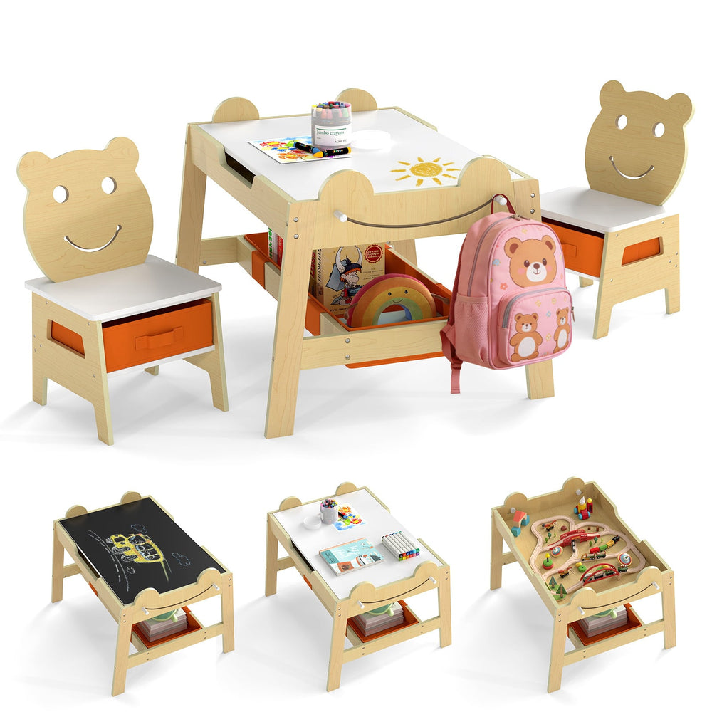 Versatile Kids Table and 2 Chairs Set Wooden Activity Table with Detachable Double-sized Tabletop for boys and girls-Natural
