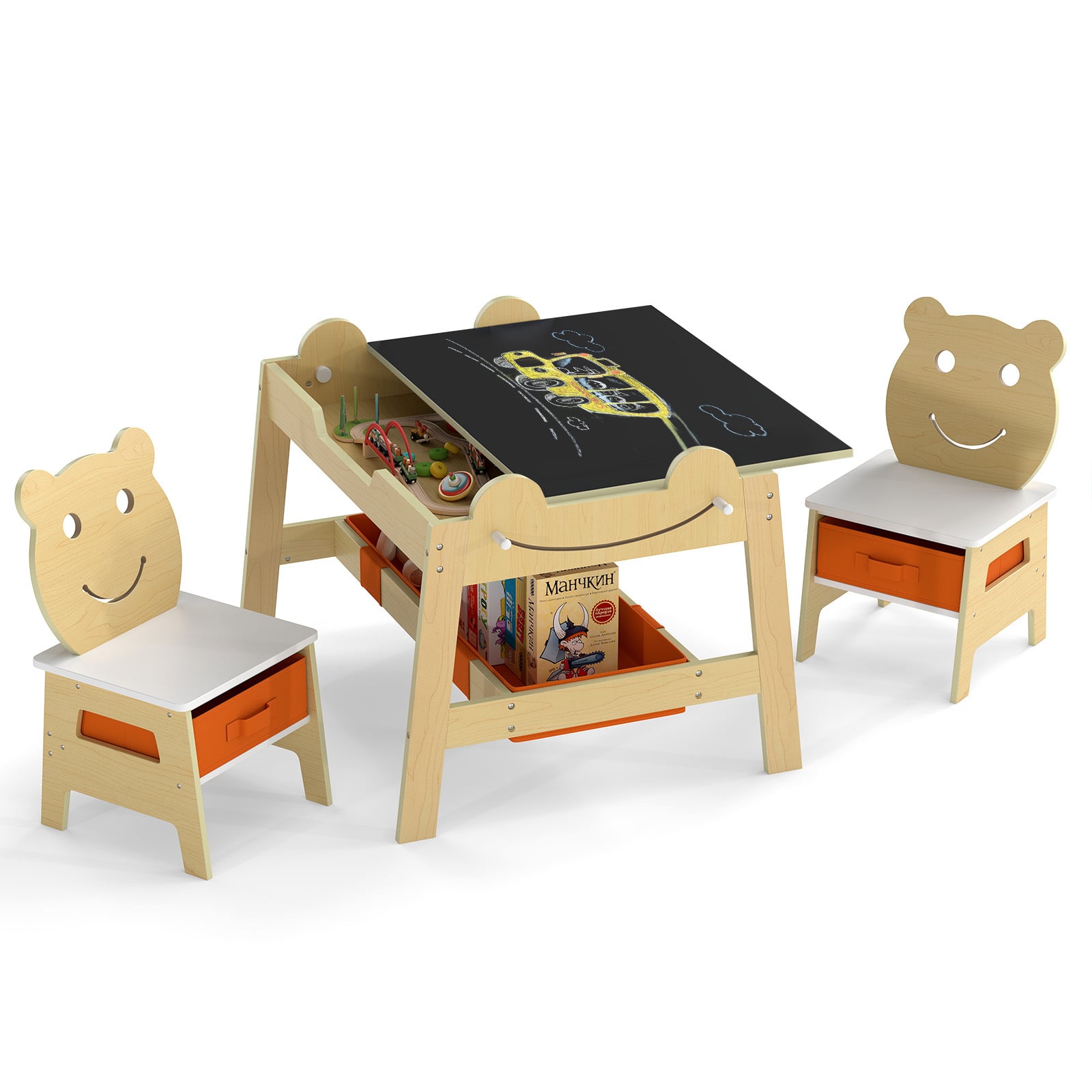 Versatile Kids Table and 2 Chairs Set Wooden Activity Table with Detachable Double-sized Tabletop for boys and girls-Natural