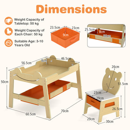 Versatile Kids Table and 2 Chairs Set Wooden Activity Table with Detachable Double-sized Tabletop for boys and girls-Natural