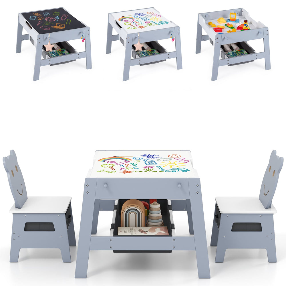Versatile Kids Table and 2 Chairs Set with Detachable Double-sized Tabletop-Grey