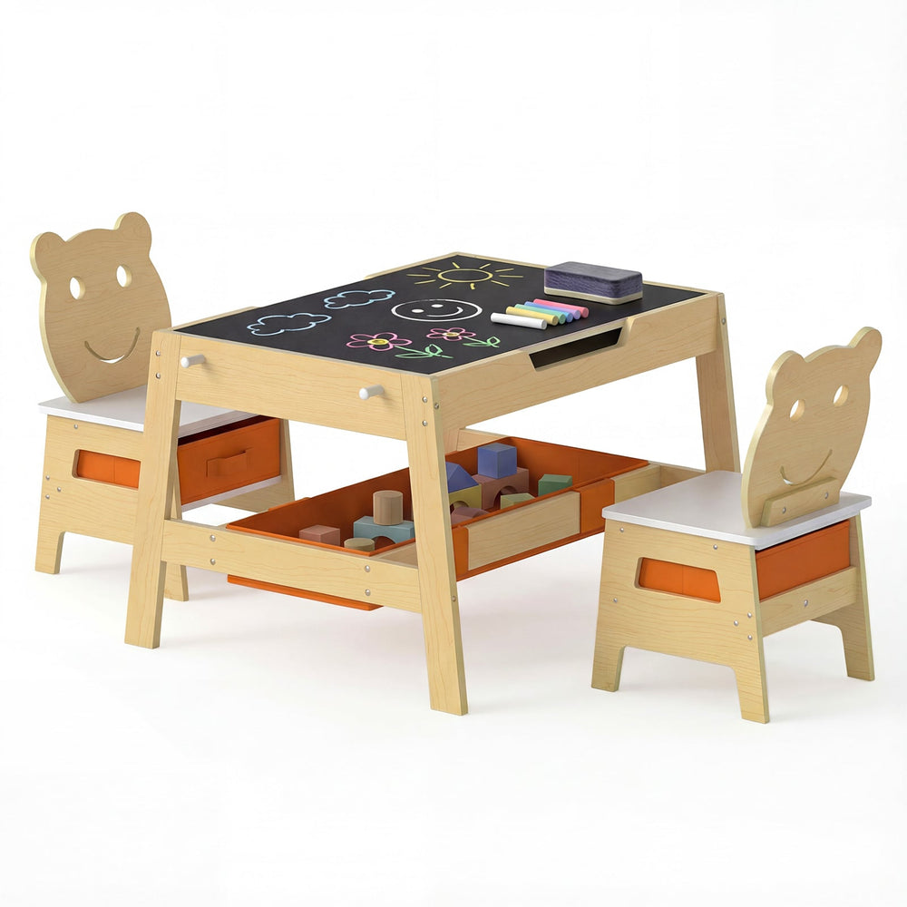 Versatile Kids Table and 2 Chairs Set with Detachable Double-sized Tabletop-Natural
