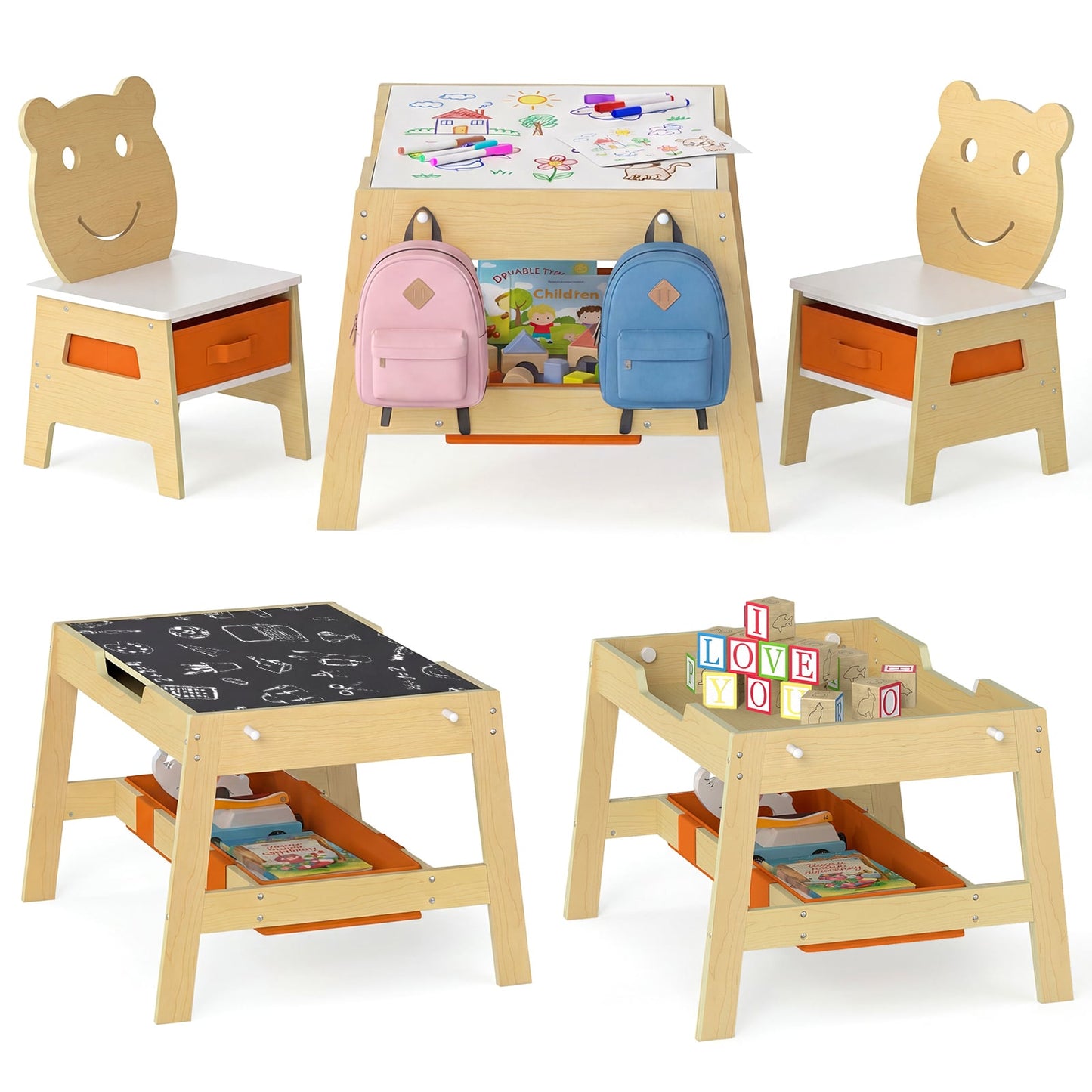 Versatile Kids Table and 2 Chairs Set with Detachable Double-sized Tabletop-Natural