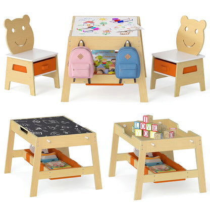 Versatile Kids Table and 2 Chairs Set with Detachable Double-sized Tabletop-Natural