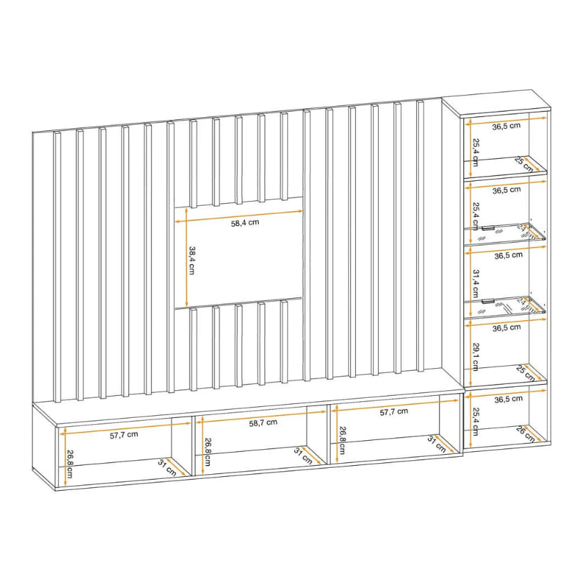 3D measurement diagram of a bookshelf with dimensions