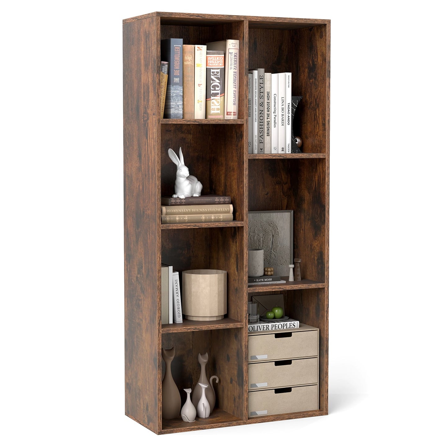 Vertical or Horizontal Freestanding Bookshelf with 7 Compartments-Rustic Brown