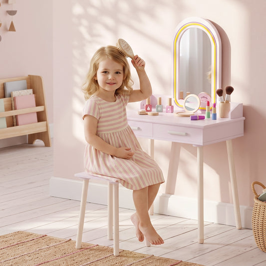 AIYAPLAY Kids Dressing Table, Girls Vanity Set with Stool, 3-Colour LED Lights Mirror, Large Drawer for Ages 3-8, Pink