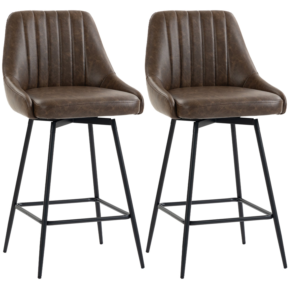 HOMCOM Bar Stools Set of 2, Swivel Counter Height Barstools with PU Leather, for Kitchen Island, Dining Room, Dark Brown