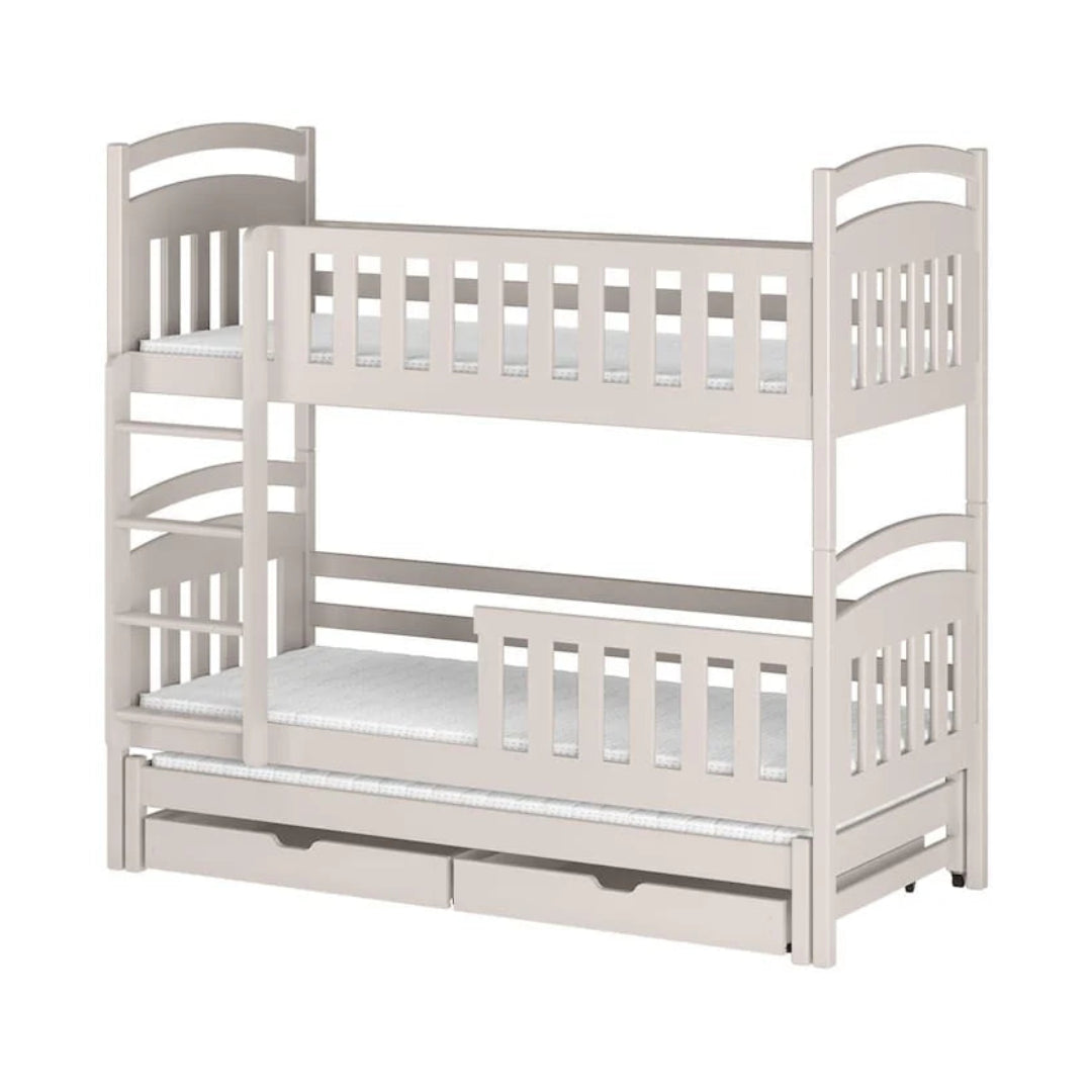 White wooden bunk bed with a pull-out trundle on a white background