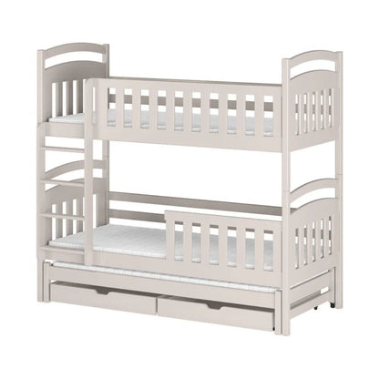 White wooden bunk bed with a pull-out trundle on a white background