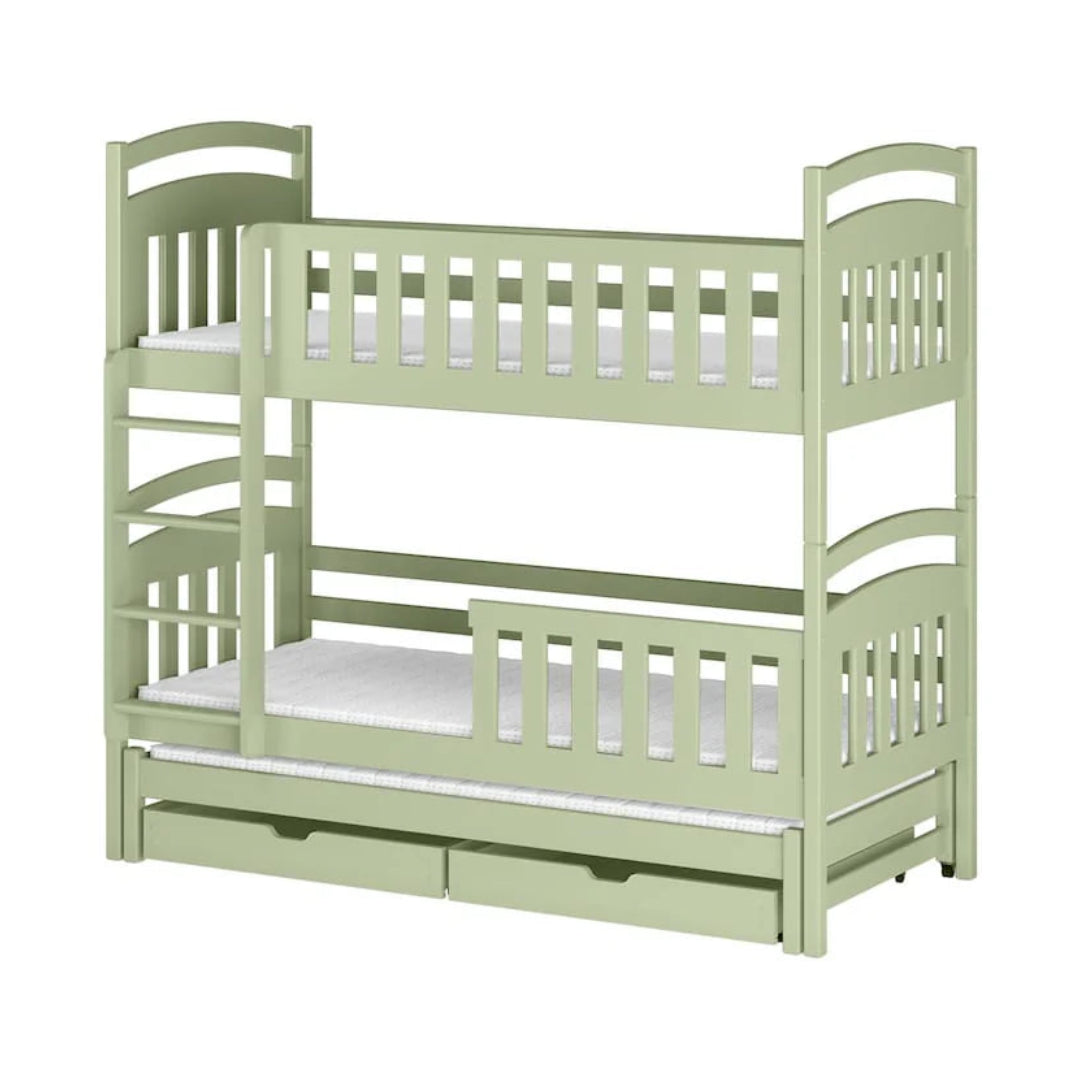 Green bunk bed with a white mattress on a white background