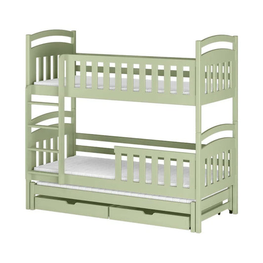 Green bunk bed with a white mattress on a white background